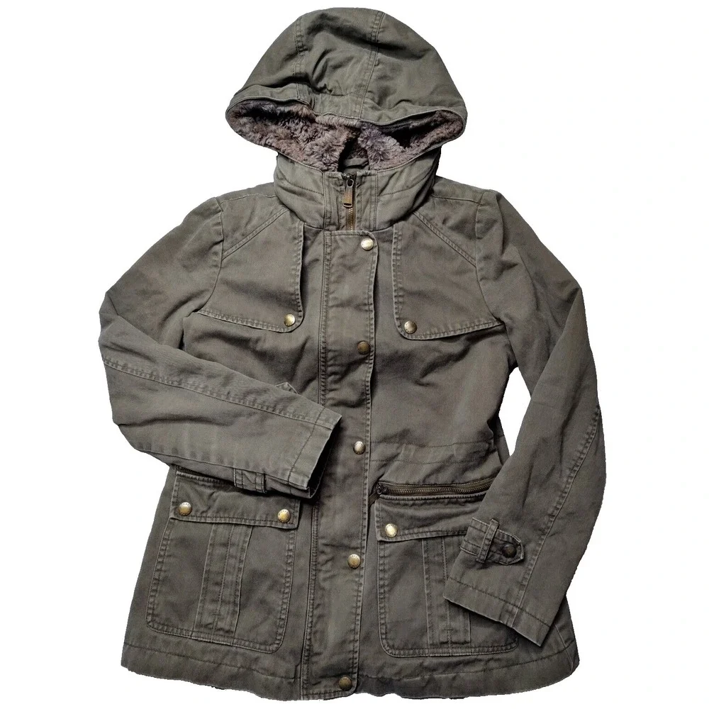MICHAEL KORS Women Small Green Military Faux Fur Hood Quilt Lined Utility Jacket